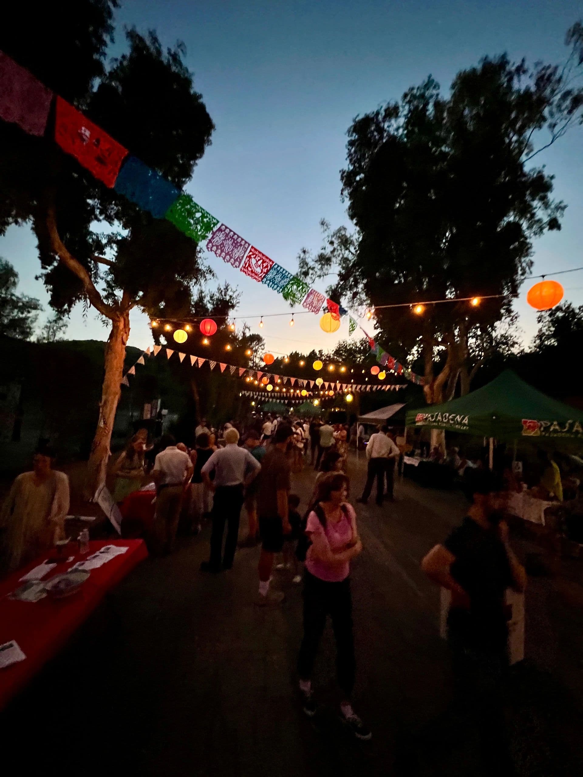 People enjoying an outdoor evening festival with colorful lights and decorations.